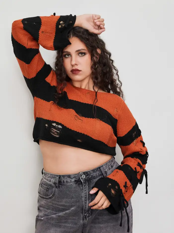 Knit Ghost Pattern Stripe Ripped Oversized Top Curve & Plus