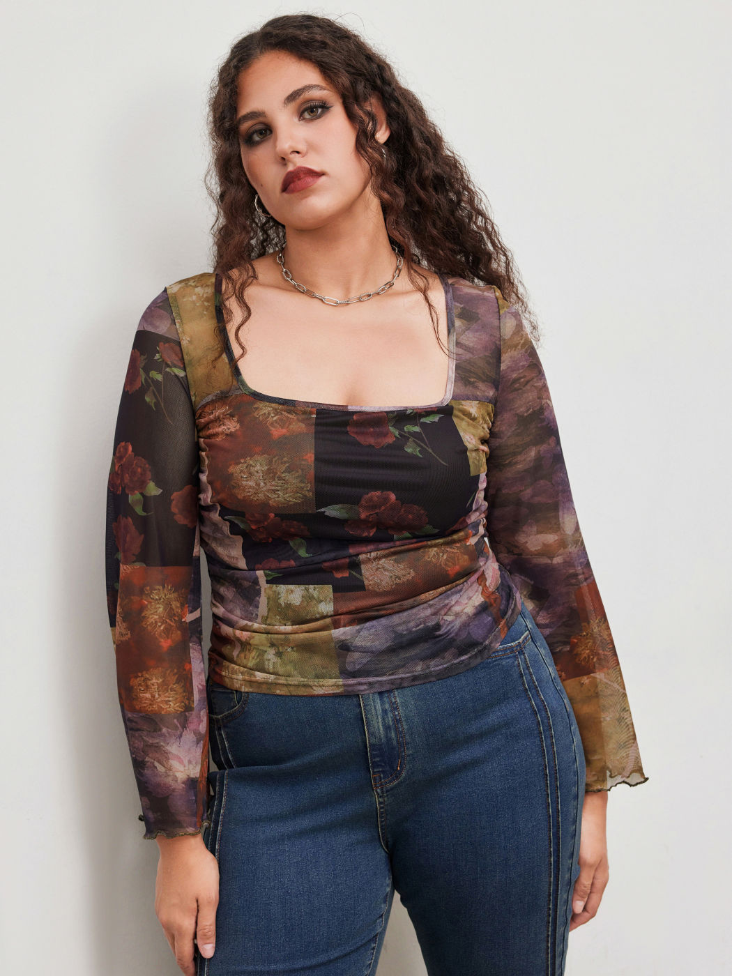 Mesh Square Neck Floral Patchy Lettuce Trim Ruched Long Sleeve Top Curve & Plus