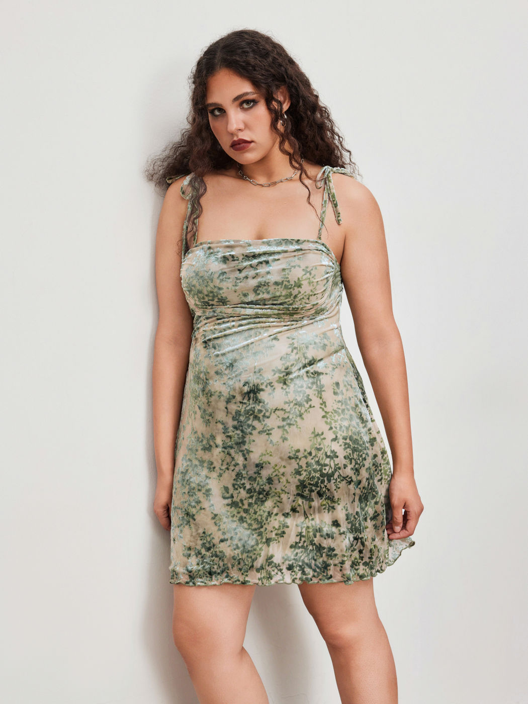 Jacquard Square Neck Floral Ruched Mini Dress Curve & Plus