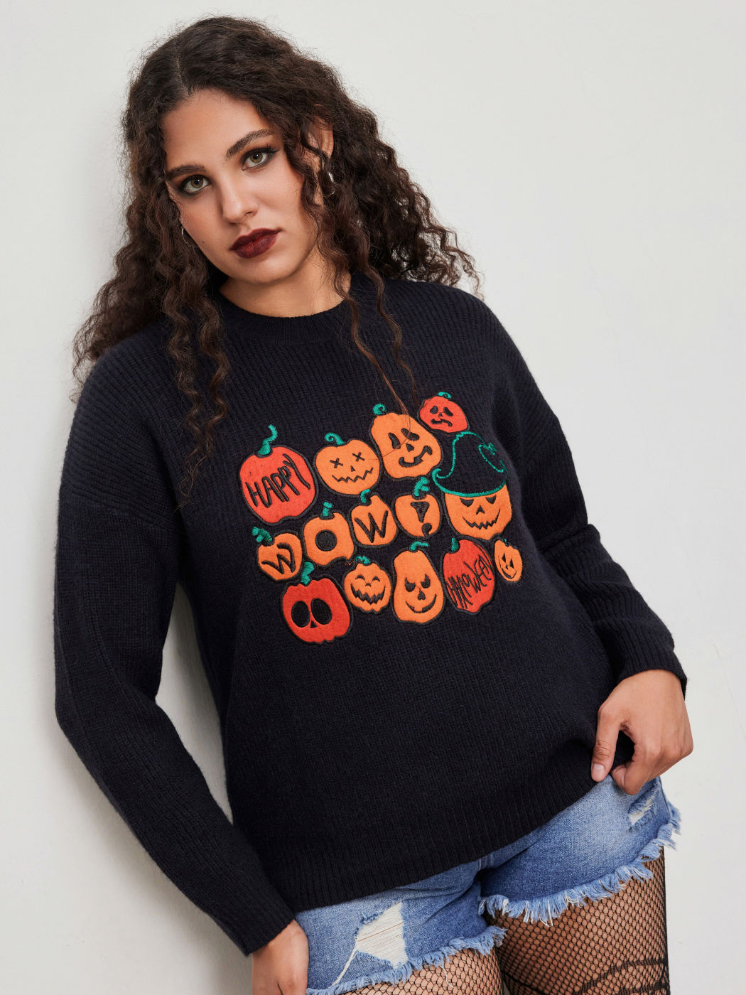 Knit Round Neckline Pumpkin Graphic Oversized Long Sleeve Top Curve & Plus