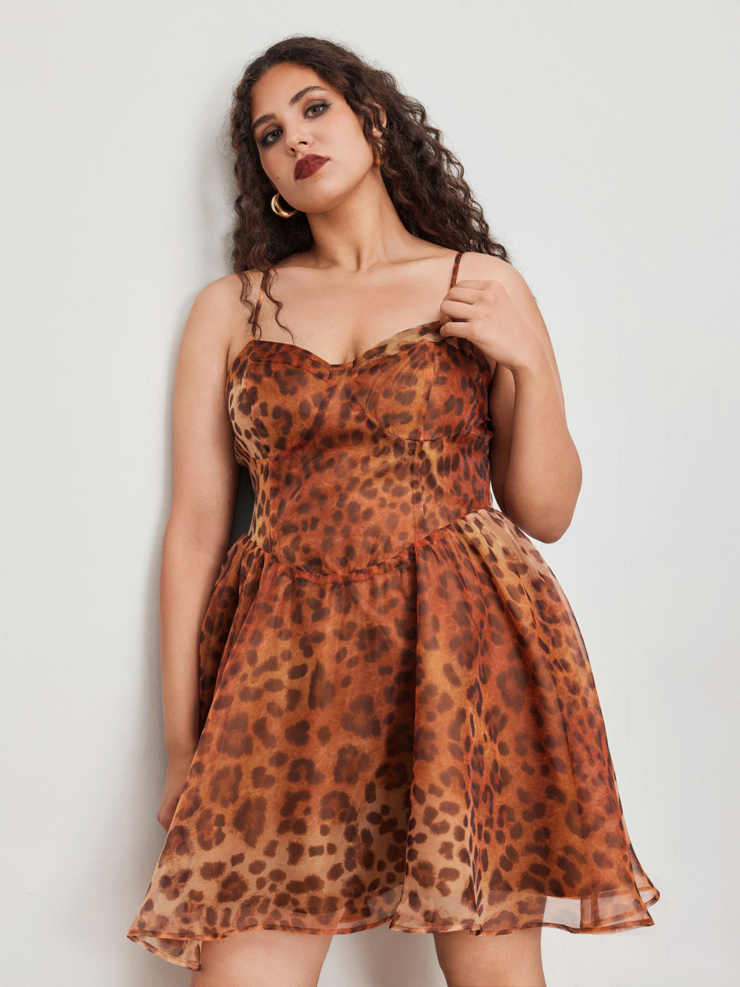 Sweetheart Neckline Leopard Ruffle Mini Dress Curve & Plus