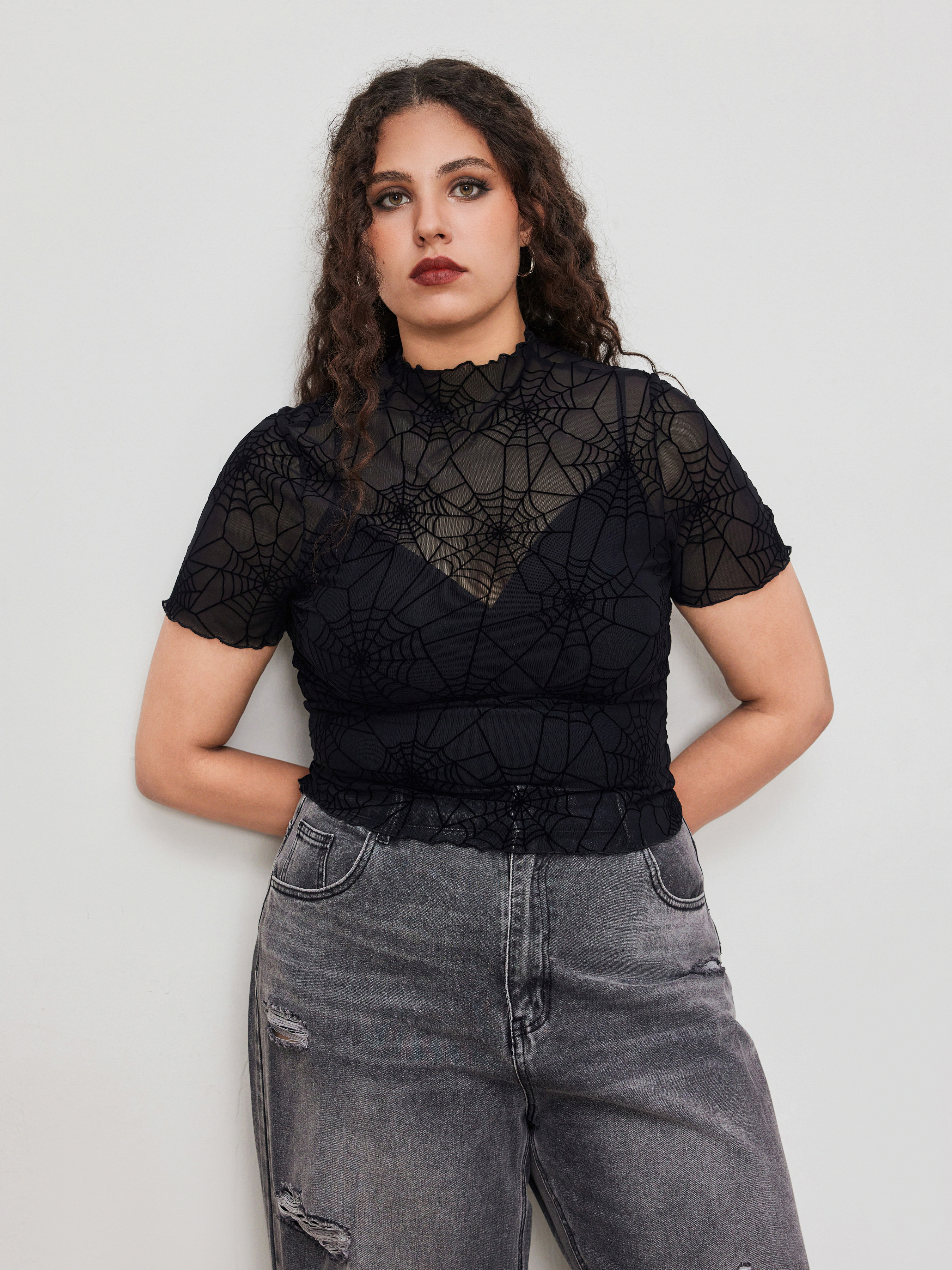Mesh High Neck Spider Web Lettuce Trim Short Sleeve Top With Solid Cami Top Curve & Plus