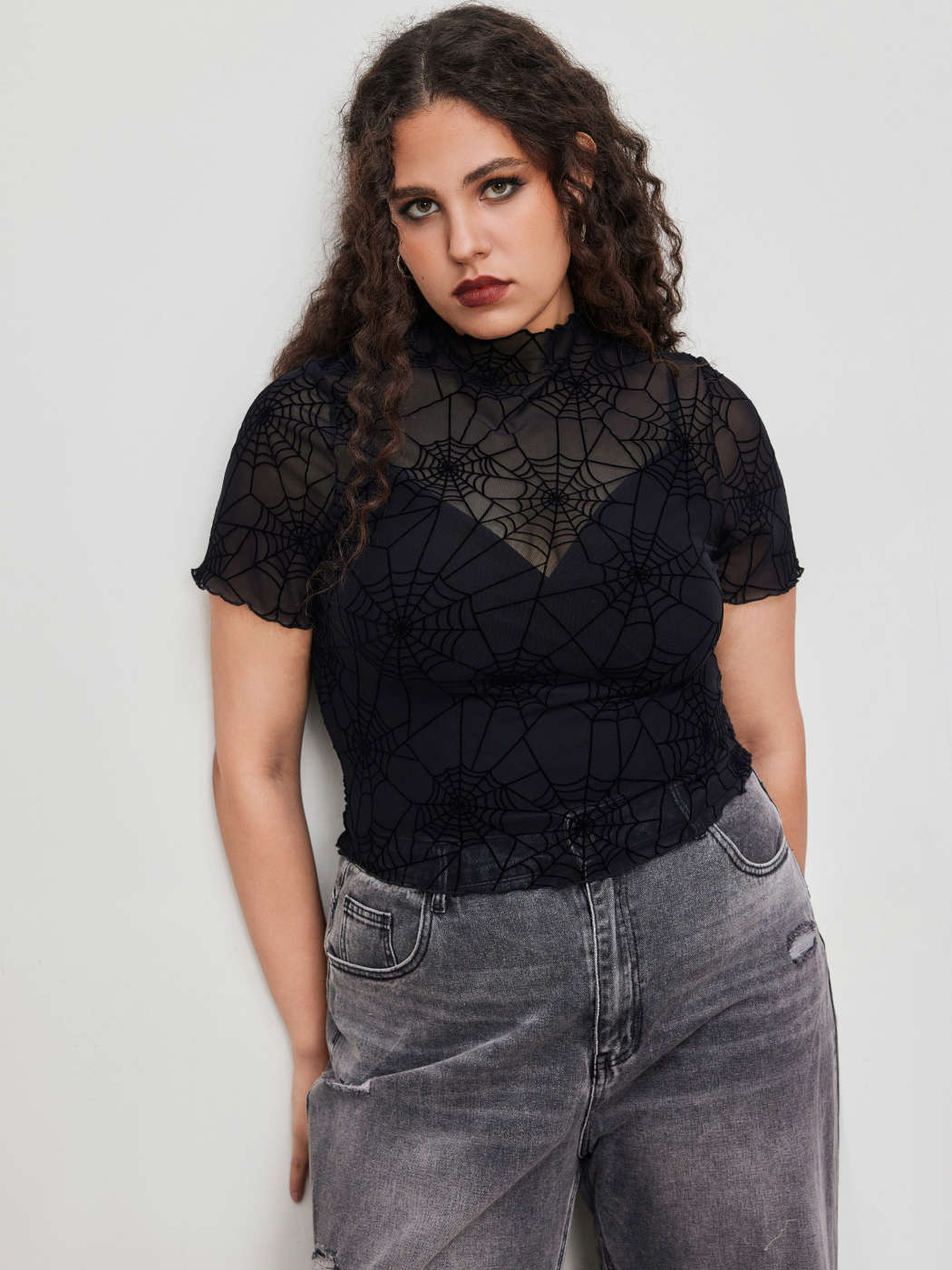 Mesh Mesh High Neck Spider Web Lettuce Trim Short Sleeve Top With