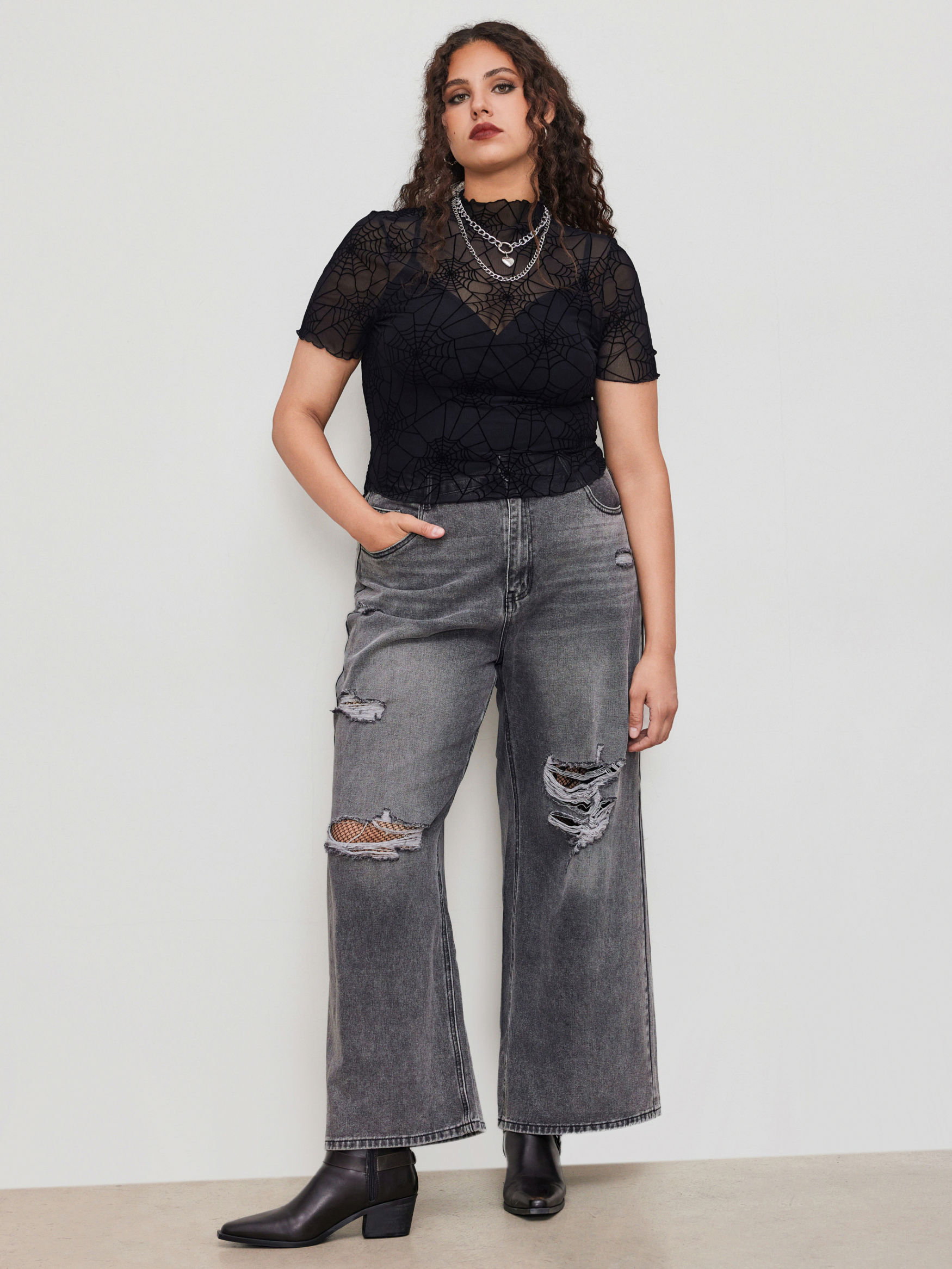 Mesh High Neck Spider Web Lettuce Trim Short Sleeve Top With Solid Cami Top Curve & Plus