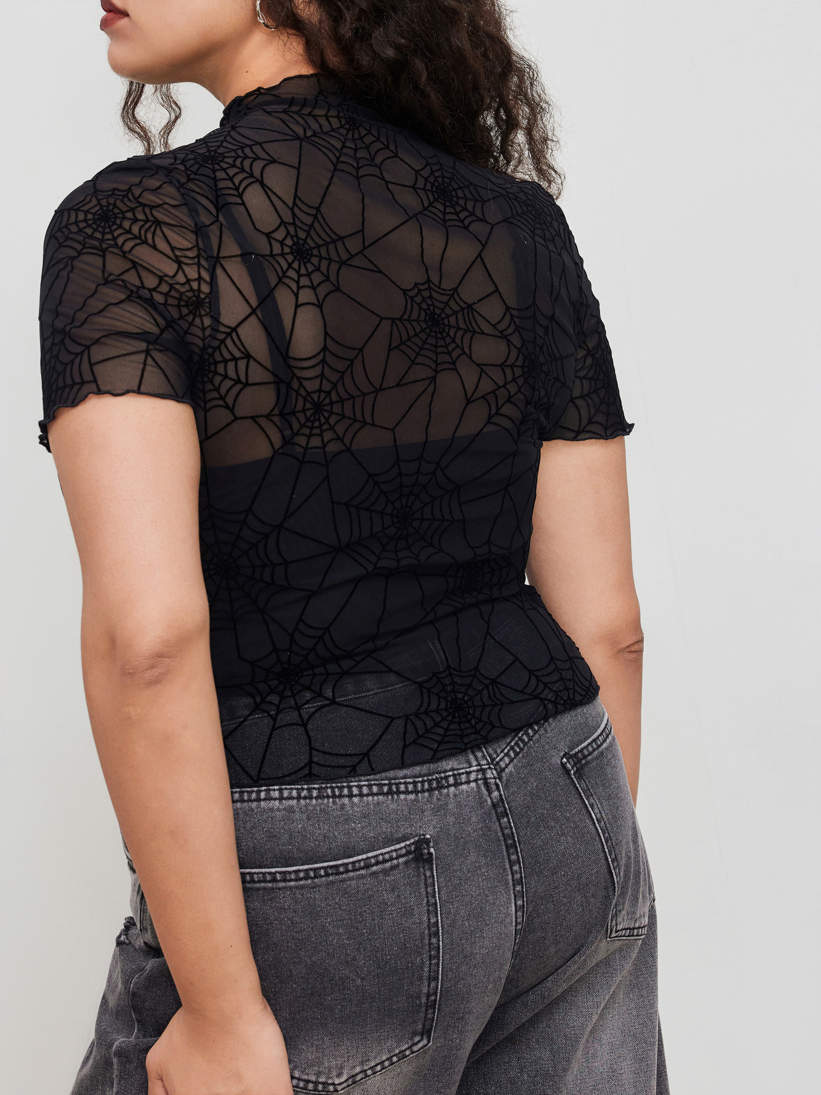 Mesh High Neck Spider Web Lettuce Trim Short Sleeve Top With Solid Cami Top Curve & Plus