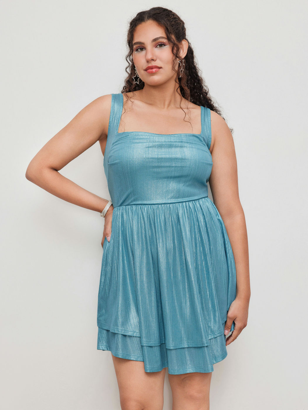 Metallic Square Neck Solid Ruffle Layered Mini Dress Curve & Plus