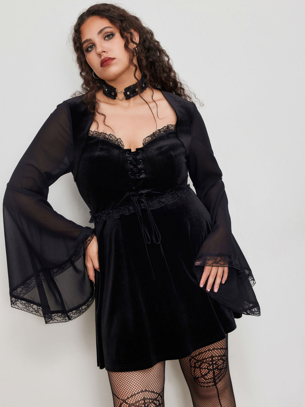 Velvet Square Neck Solid Lace Up Bell Sleeve Mini Dress Curve & Plus