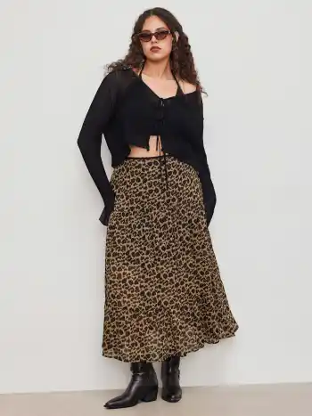 Chiffon Mid Rise Leopard Ruffle Tiered Maxi Skirt Curve & Plus