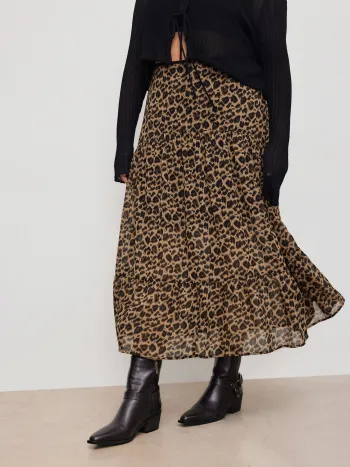 Chiffon Mid Rise Leopard Ruffle Tiered Maxi Skirt Curve & Plus