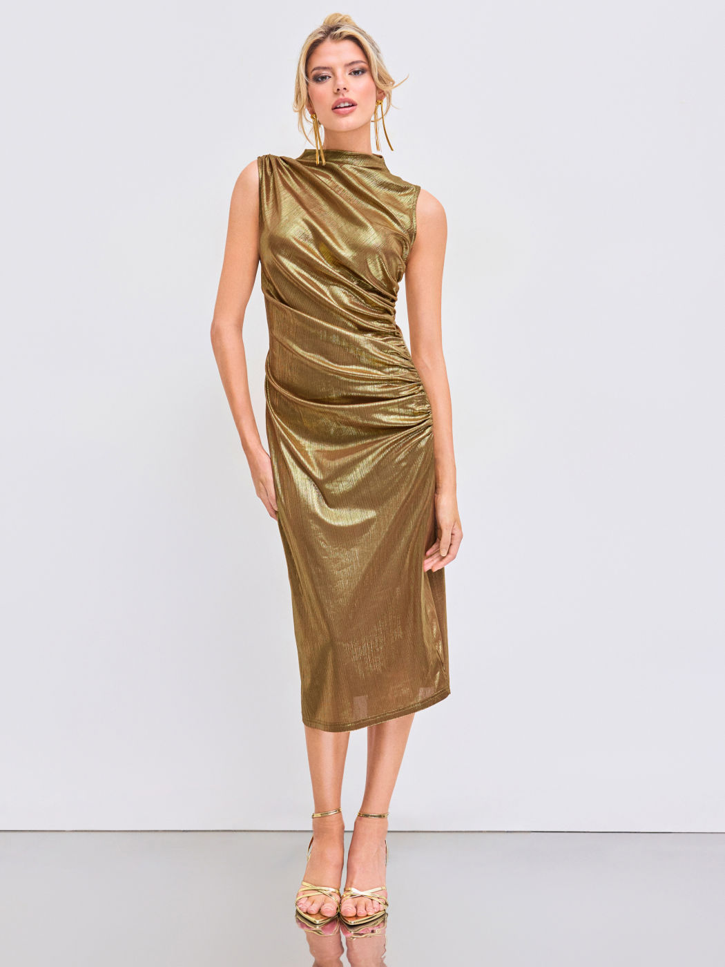 Metallic Stand Collar Solid Ruched Midi Dress