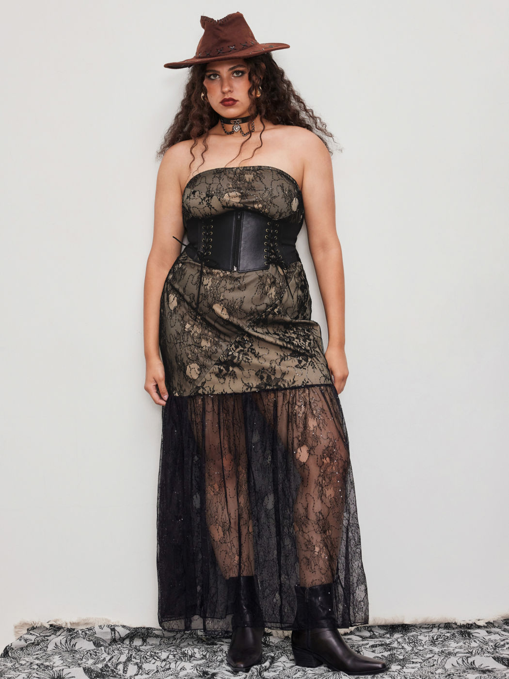 Lace Strapless Ruffle Hem Knotted Back Maxi Dress Curve & Plus