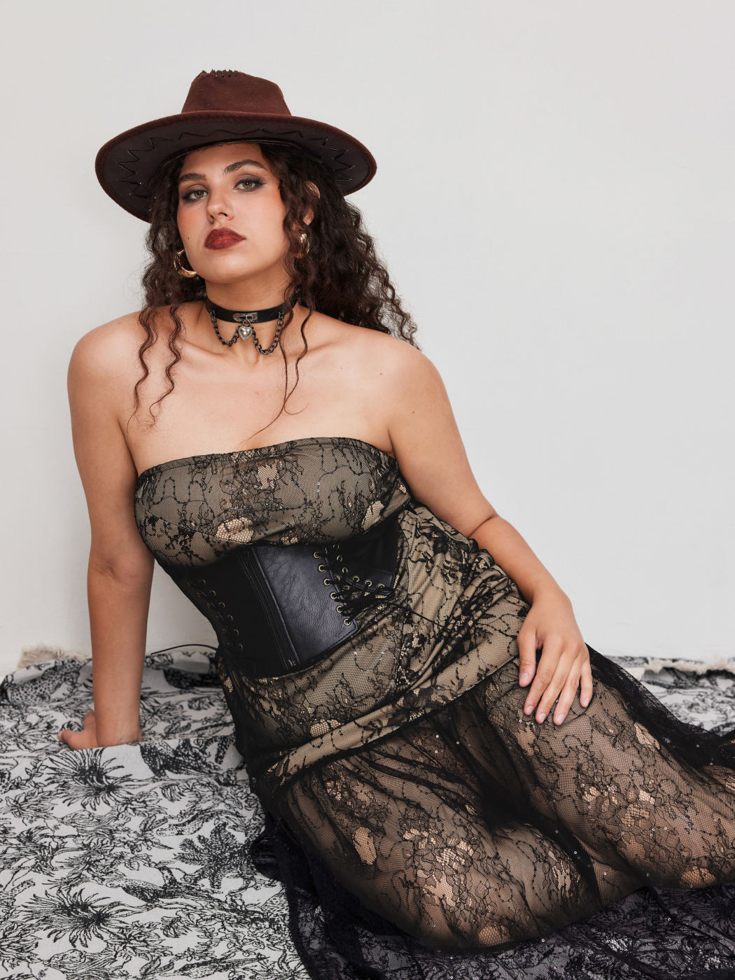 Lace Strapless Ruffle Hem Knotted Back Maxi Dress Curve & Plus