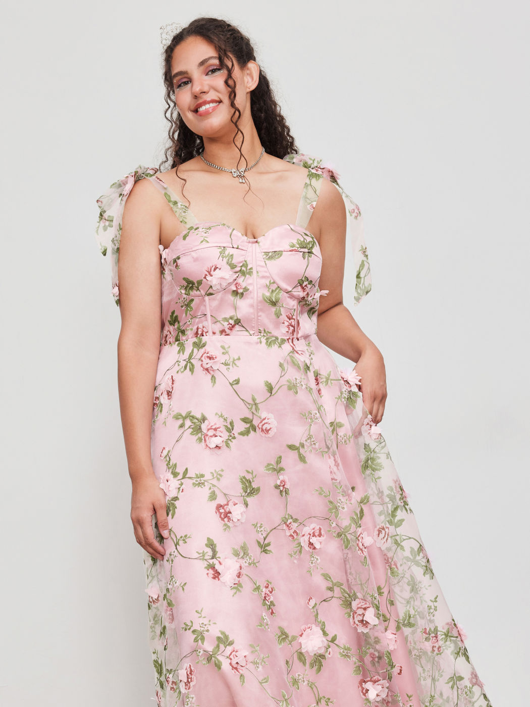 Sweetheart Neckline Floral Corset Tulle Split Knotted Maxi Dress Curve & Plus