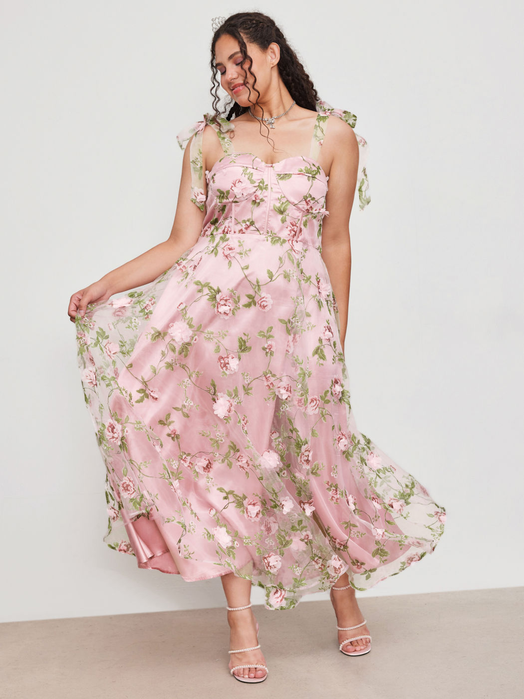Sweetheart Neckline Floral Corset Tulle Split Knotted Maxi Dress Curve & Plus