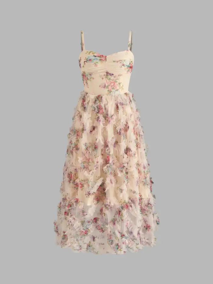 Sweetheart Ditsy Floral Knotted Layered Ruffle Hem Midi Dress