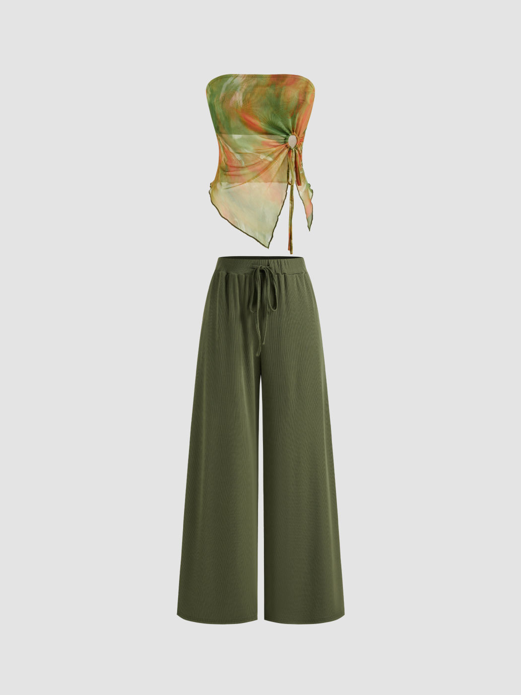 Set aus Bandeau-Top aus Maschenstoff mit Tie-Dye-Muster und Reißverschluss sowie weiten Beinkleidern mit Mittelfalz und Reißverschluss