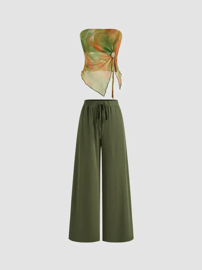 Solid Texture Crop Ruched Tube Top & Wide Leg Trousers Set