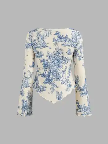 V-Ausschnitt Toile de Jouy Geknotetes Langarm-Crop Top