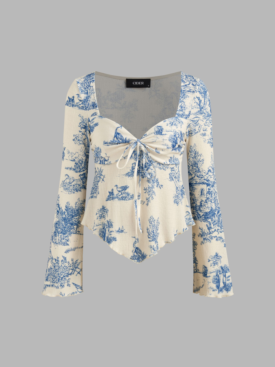 V-neck Toile de Jouy Knotted Long Sleeve Crop Top