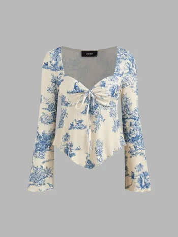 V-Ausschnitt Toile de Jouy Geknotetes Langarm-Crop Top