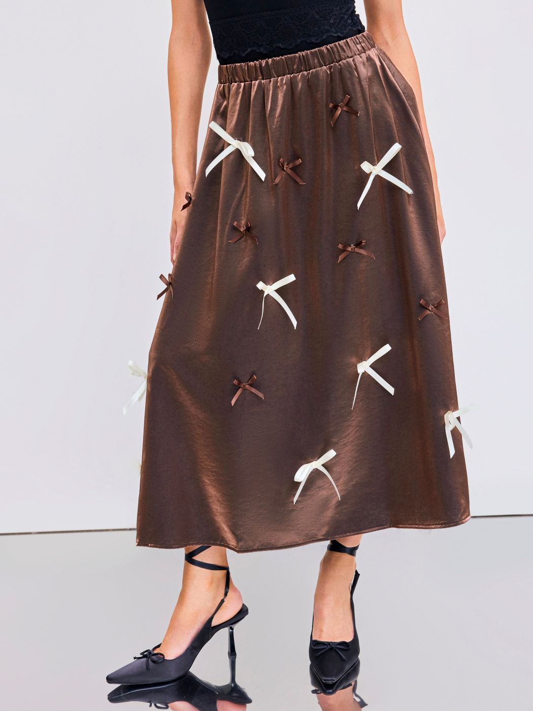 Mid Rise Solid Bowknot Midi Skirt