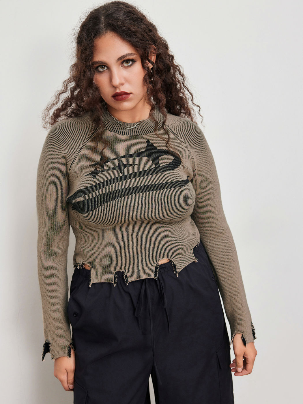 Knit Asymmetrical Star Graphic Long Sleeve Crop Top Curve & Plus