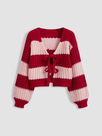 Strickjacke mit V-Ausschnitt, Streifenmuster und Frontbinde