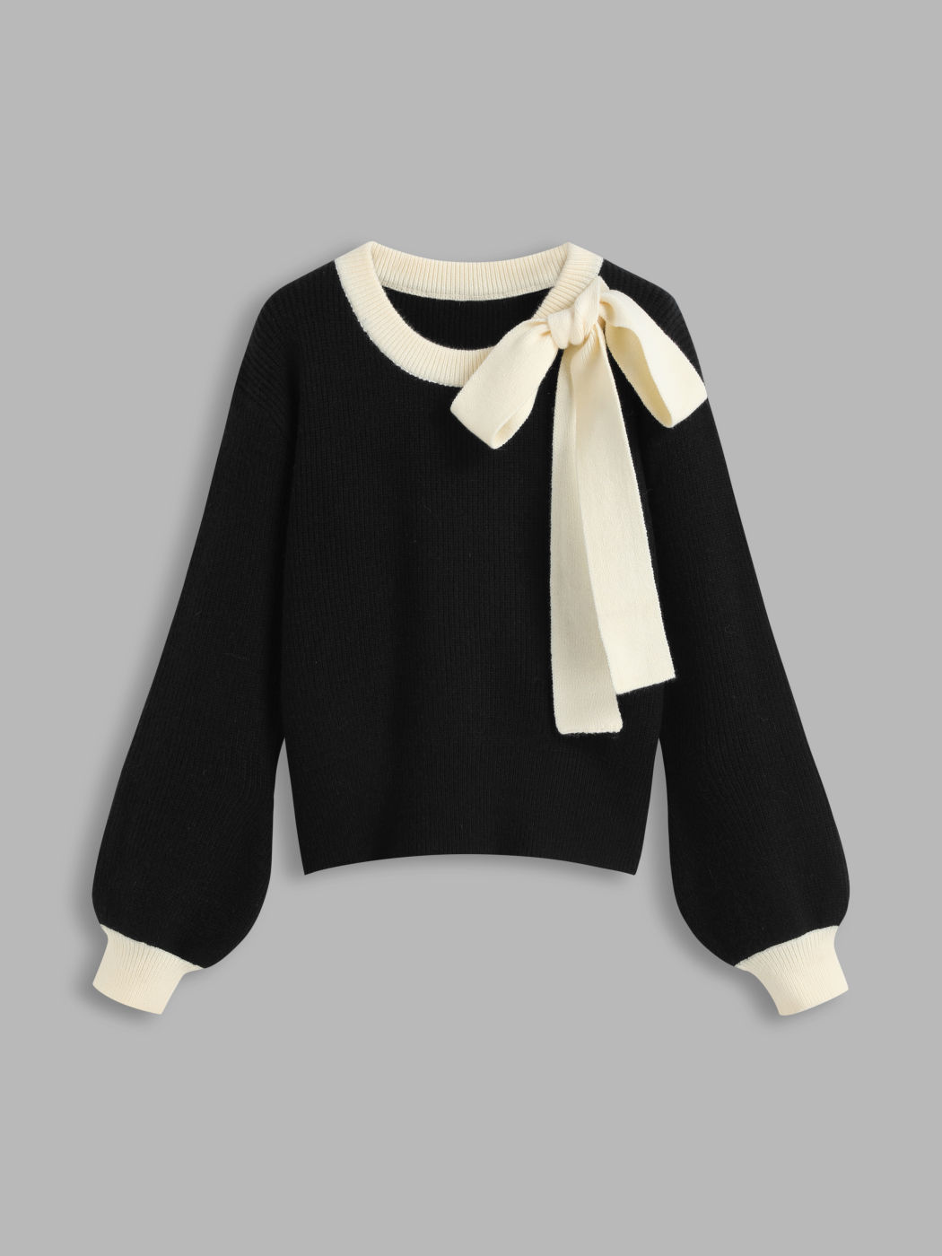 Knit Round Neckline Contrasting Binding Bowknot Long Sleeve Top