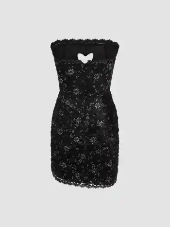 Lace Ruched Rhinestone Heart Cut Out Tube Mini Dress