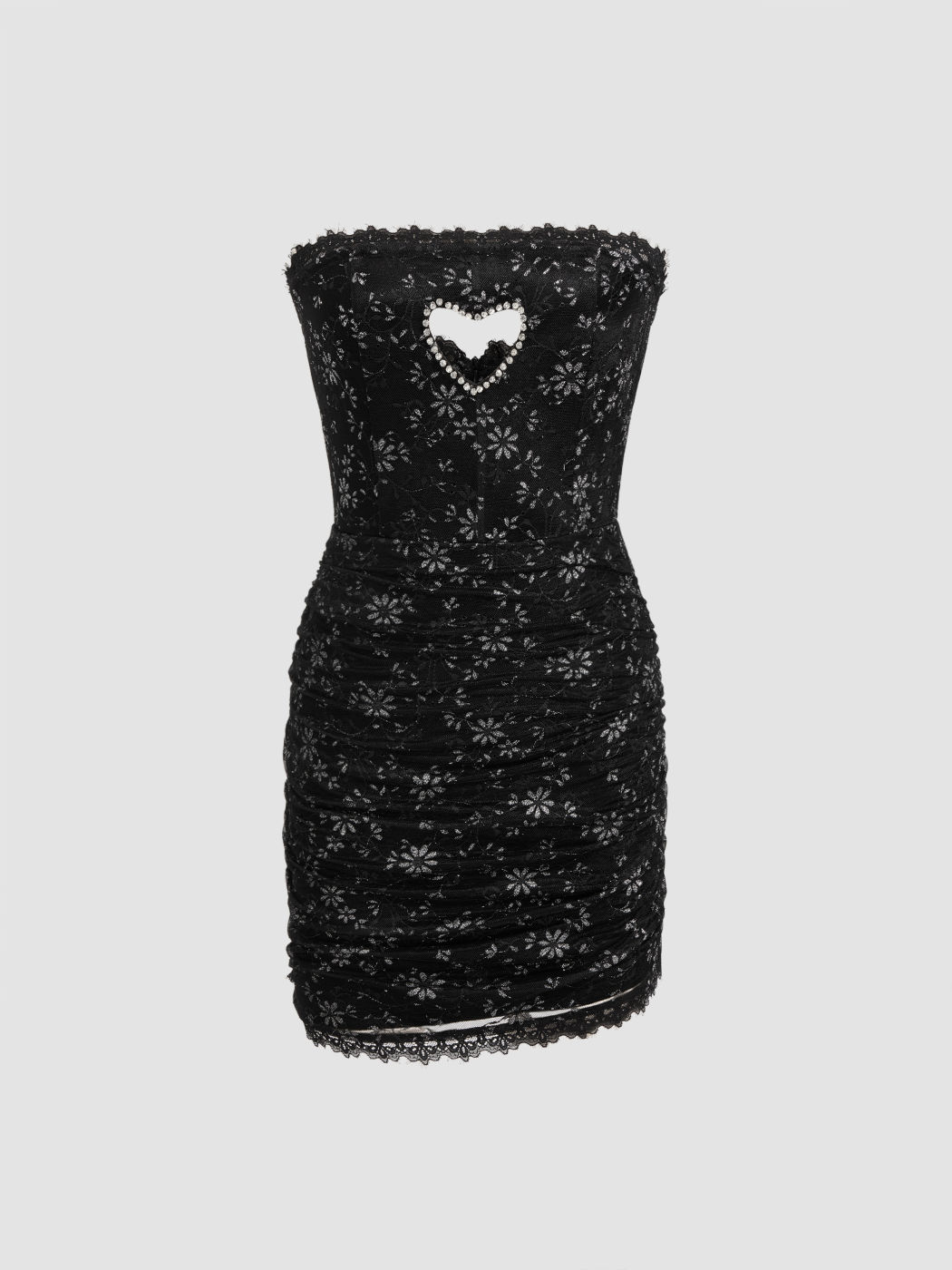 Lace Ruched Rhinestone Heart Cut Out Tube Mini Dress