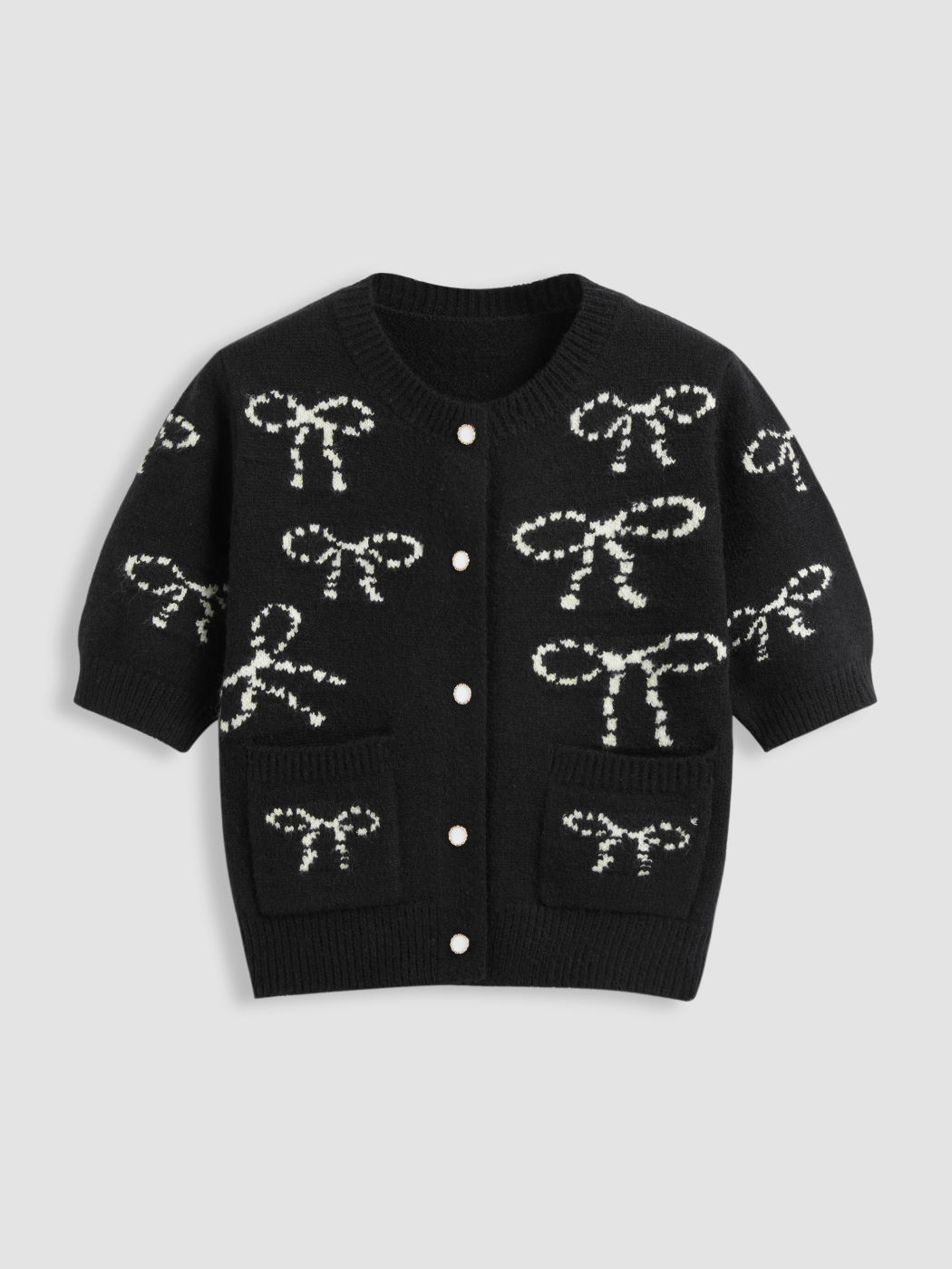 Knit Round Neckline Bowknot Button Short Sleeve Top