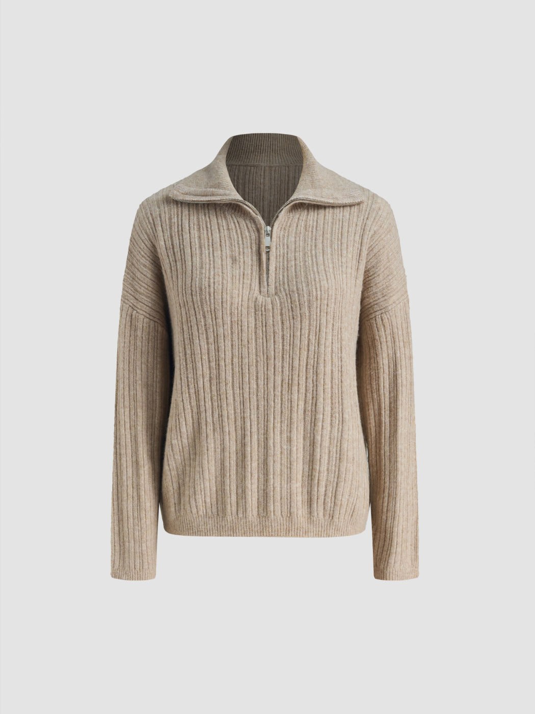 Knit Wool-blend Polo Solid Zipper Long Sleeve Top