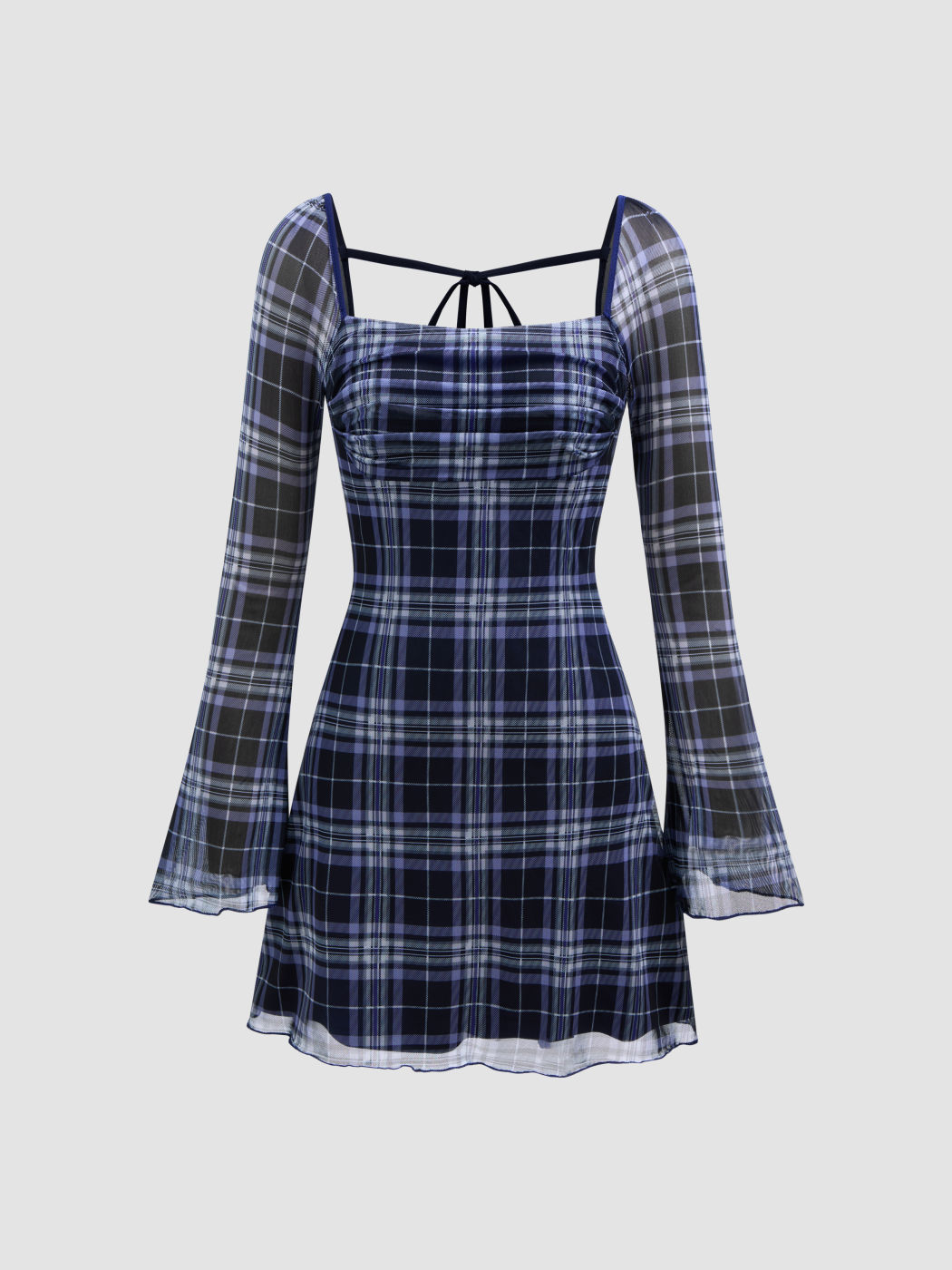 Mesh-Karree-Ausschnitt Karo Geknotetes Kurzes Kleid
