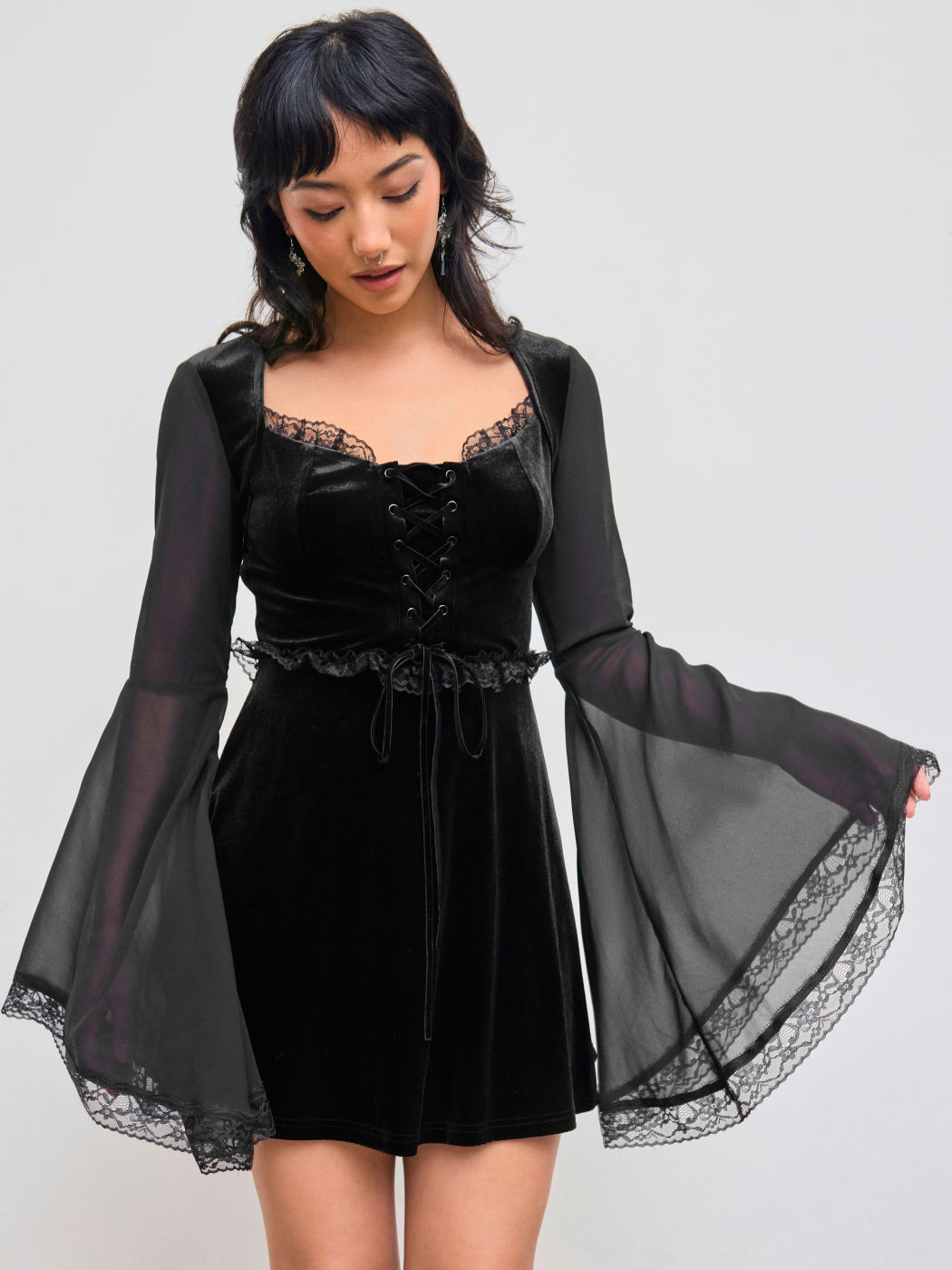 Velvet Square Neck Solid Lace Up Bell Sleeve Mini Dress
