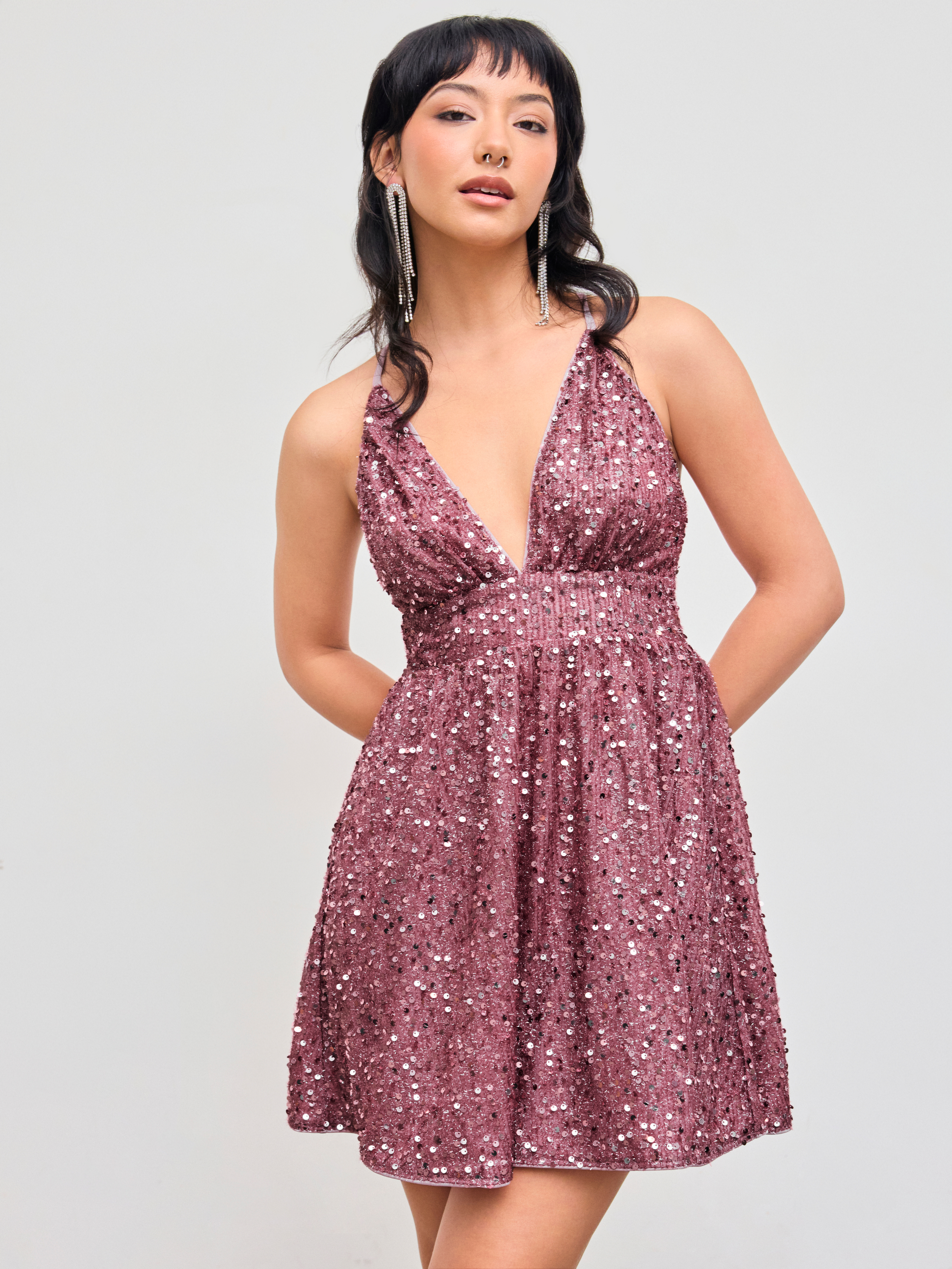 Sequins Sequin V-neck Solid Backless Criss Cross Mini Dress