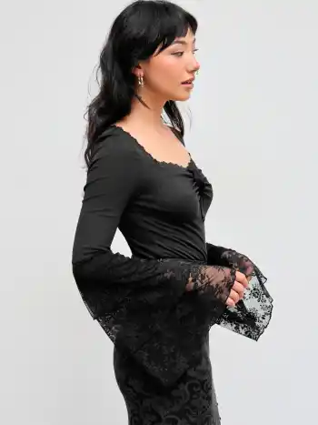 Rib Sweetheart Knotted Lace Layered Sleeve Bodysuit