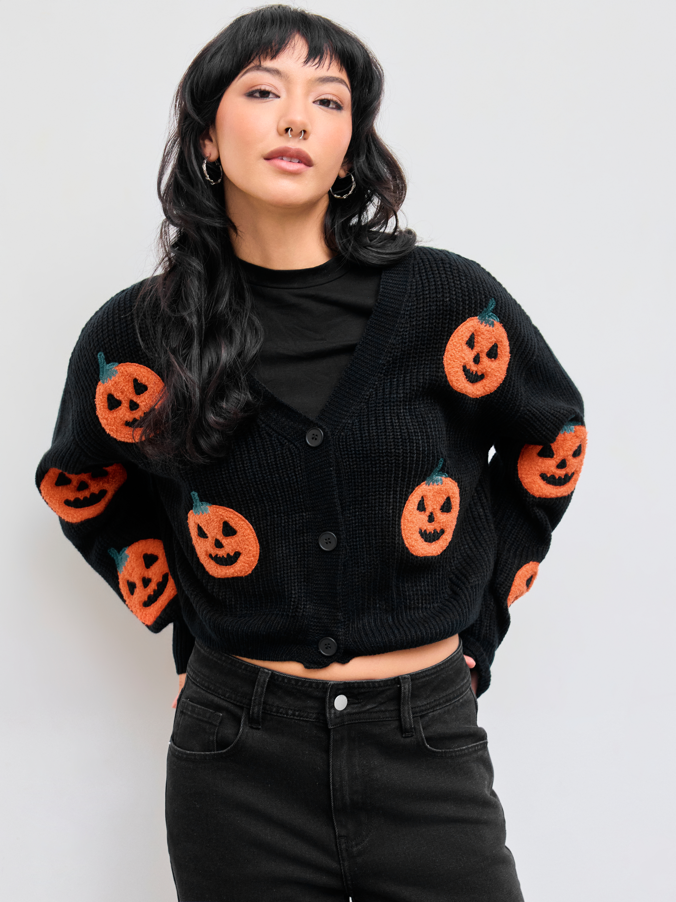 ハロウィン カボチャ パンプキン ニット カーデ かわいい 黒