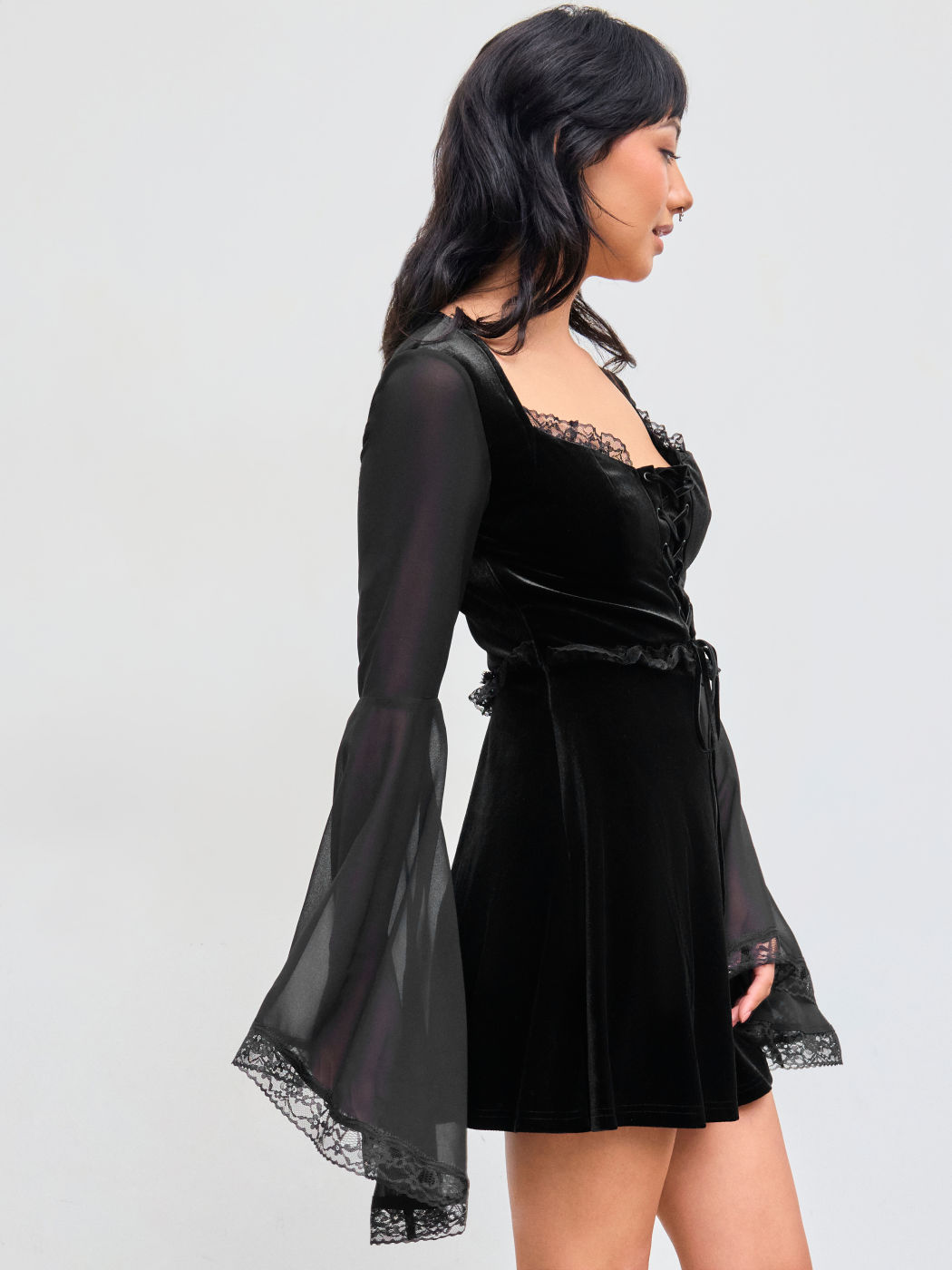 Velvet Square Neck Solid Lace Up Bell Sleeve Mini Dress