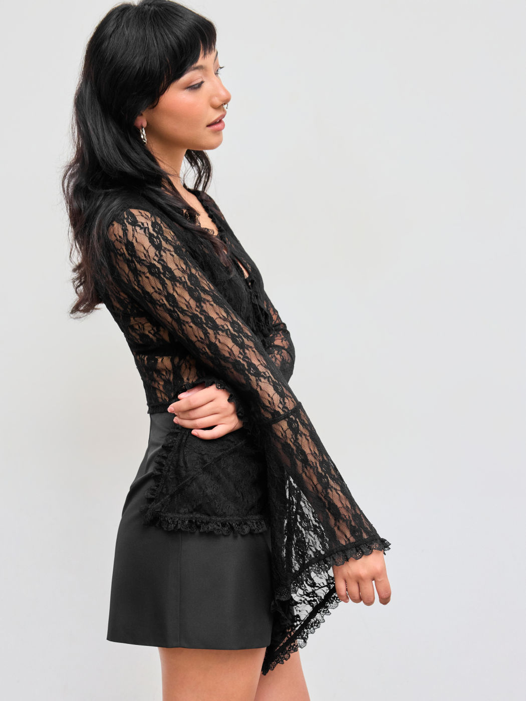 Lace V-neck Solid See-through Long Sleeve Top