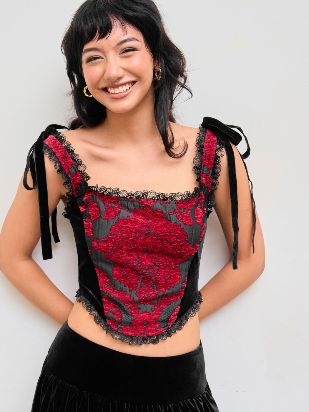 Scoop Neck Floral Lace Knotted Cami Corset Top 