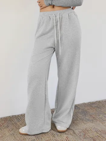 Mid Rise Solid Drawstring Pocket Wide Leg Trousers