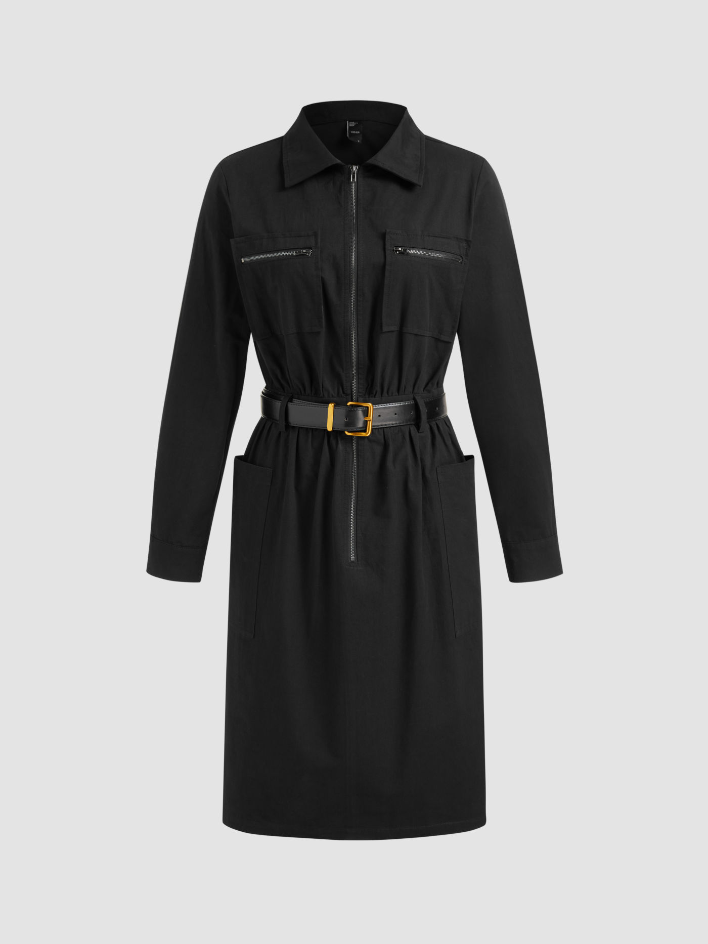 100% Baumwolle Kragen Einfarbig Reißverschlusstasche Midikleid Mit Gürtel