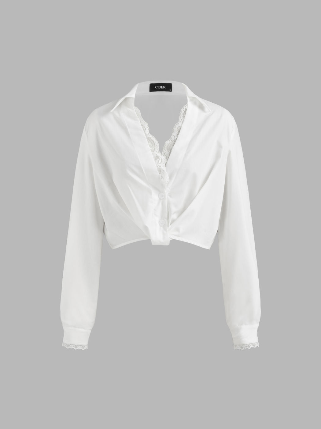 Collar Solid Lace Trim Oversized Crop Blouse
