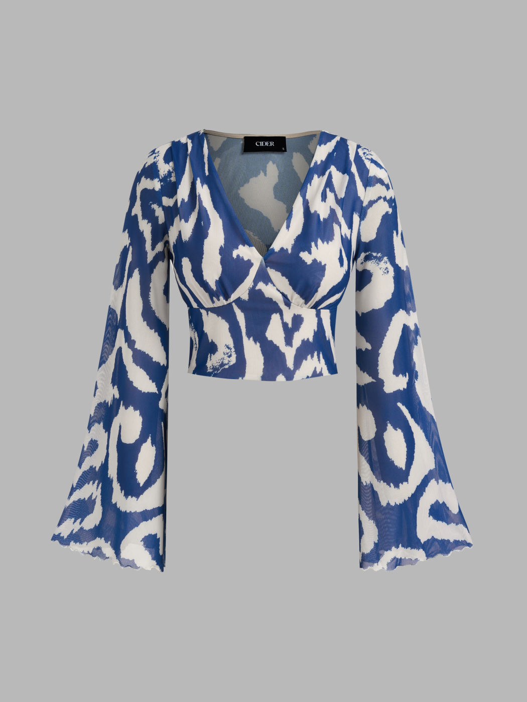 V-neck Abstract Lettuce Trim Bell Sleeve Crop Blouse