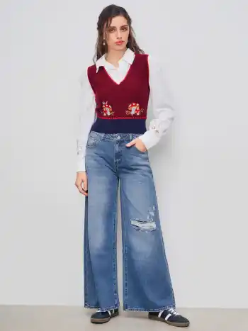Cider Denim Low Rise Solid Ripped Baggy Jeans
