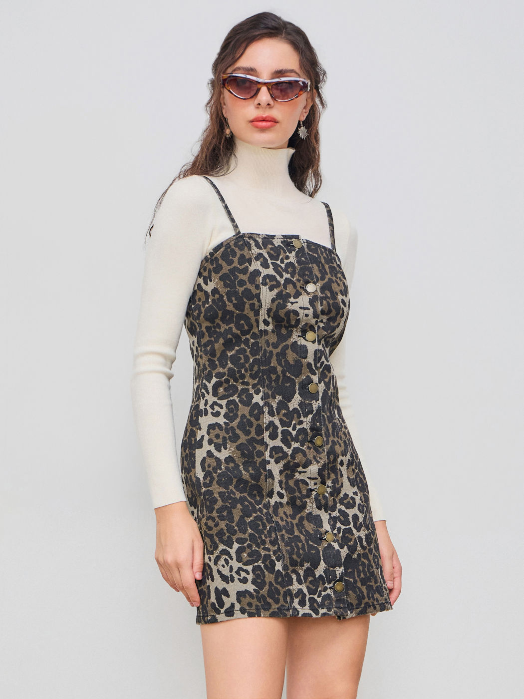 Denim Leopard Button Cami Mini Dress