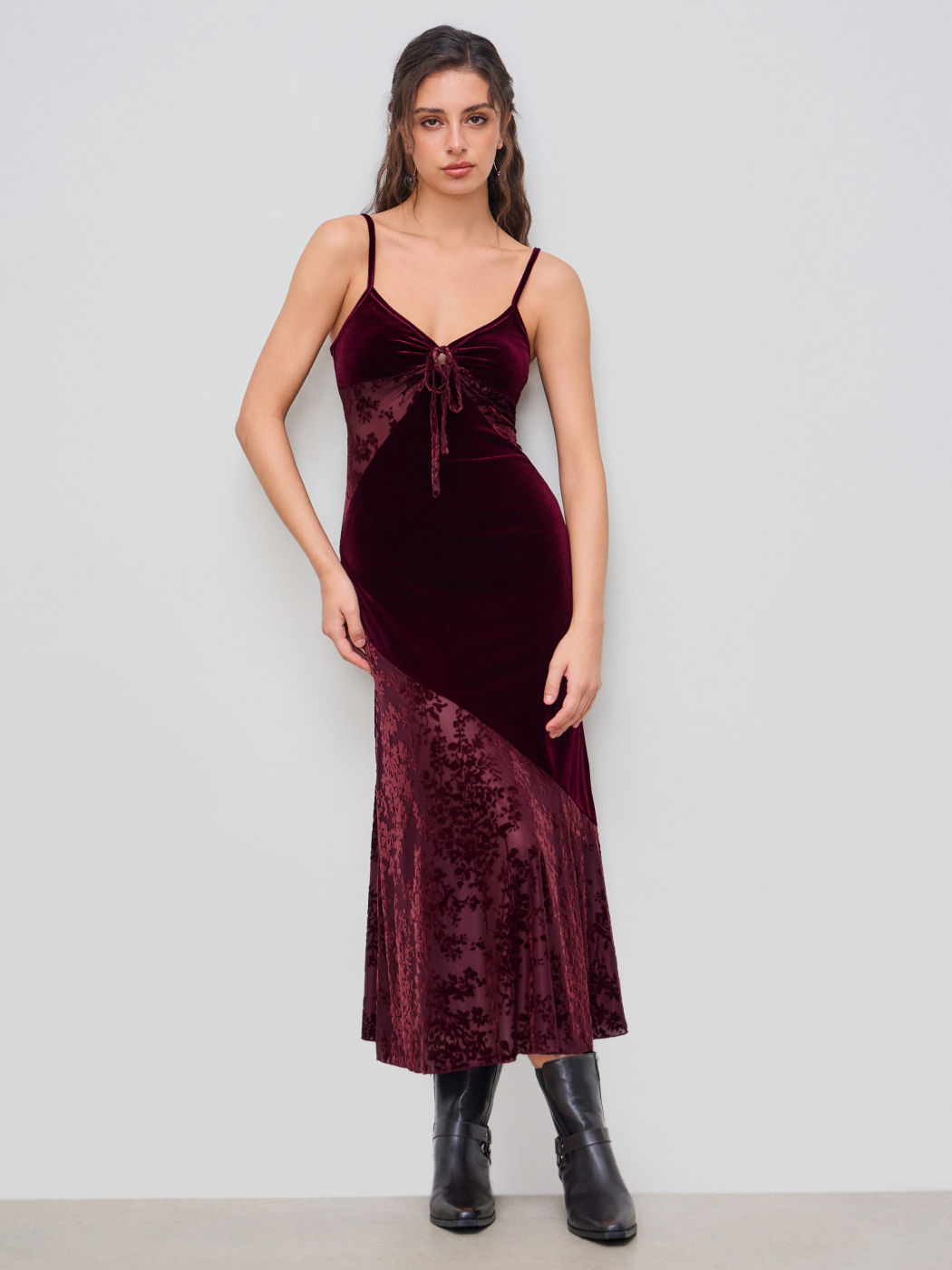 Velvet V-neck Floral Cut Out Knotted Midi Dress