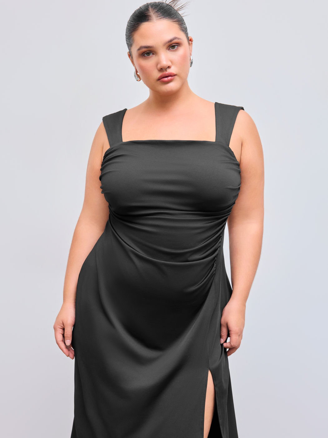 Square Neckline Ruched Split Bowknot Maxi Dress Curve & Plus