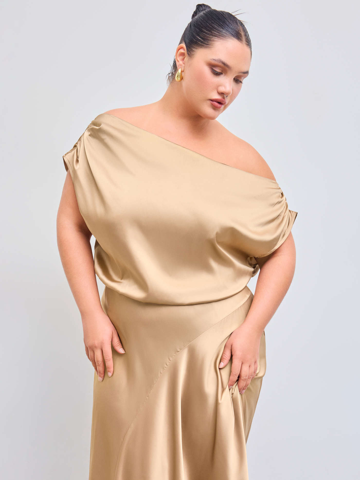 Satin Asymmetrical Neck Ruffle Maxi Dress Curve & Plus