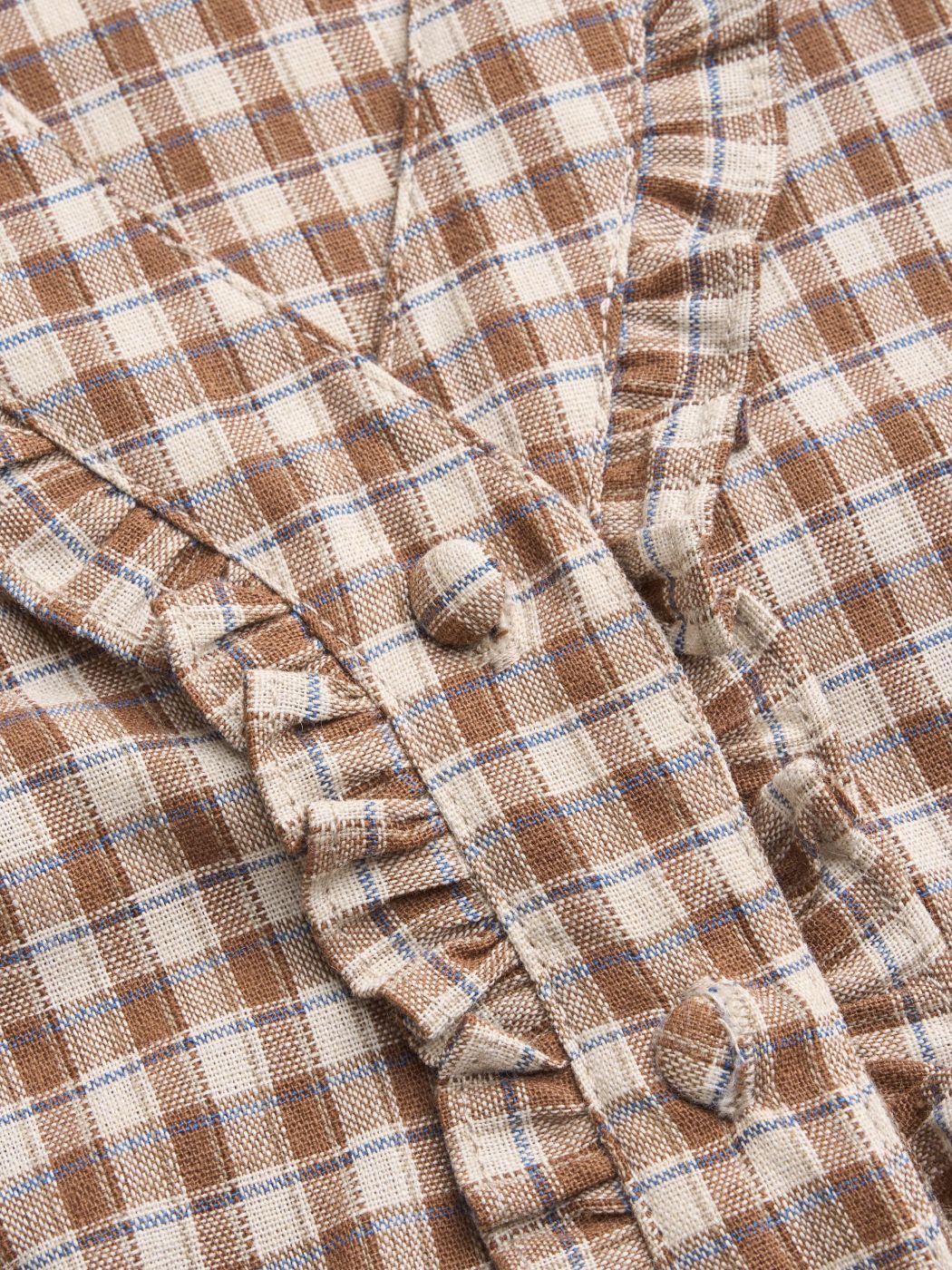 100% Cotton V-neck Check Button Short Sleeve Blouse